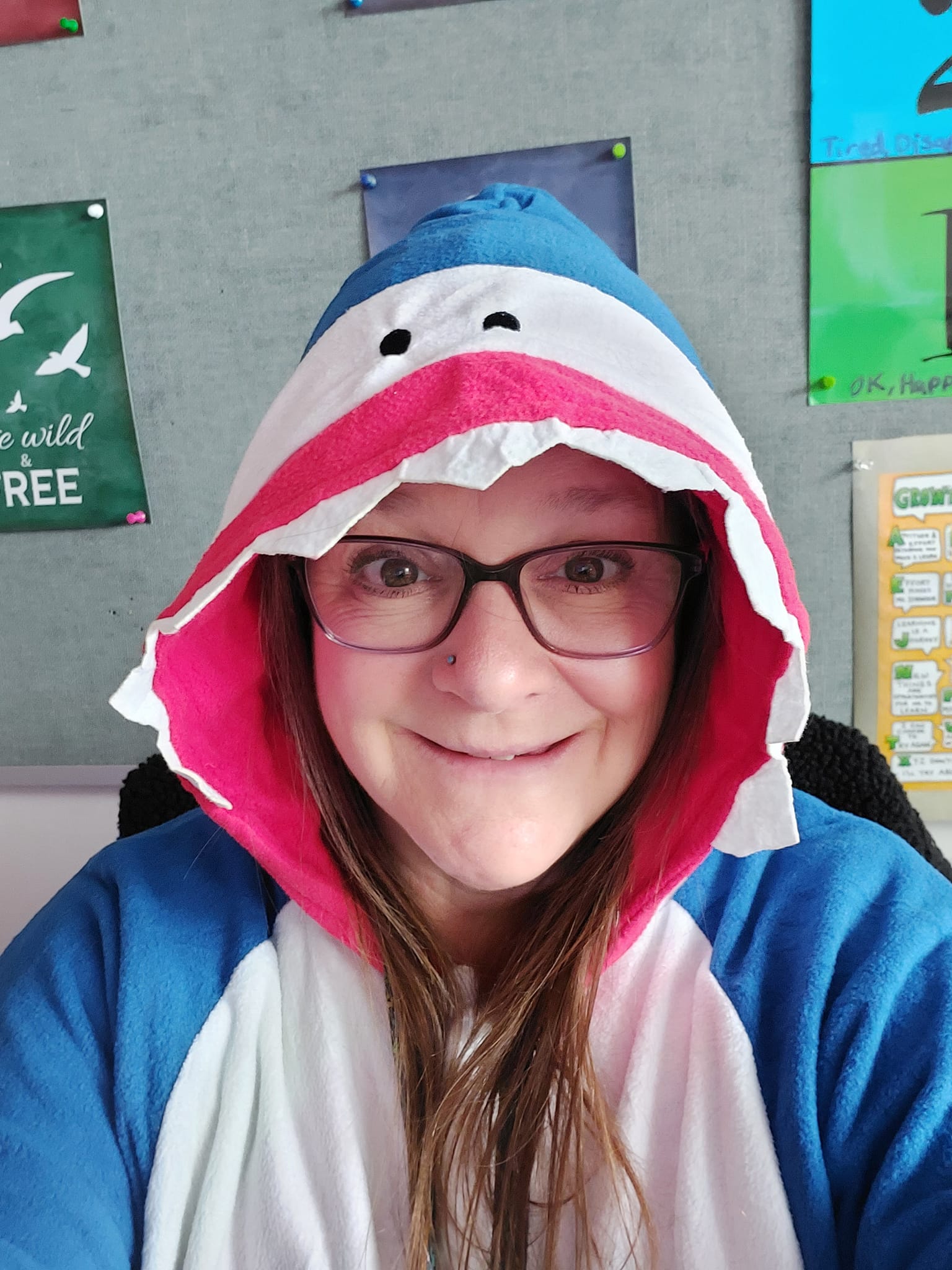 Michele in a shark costume